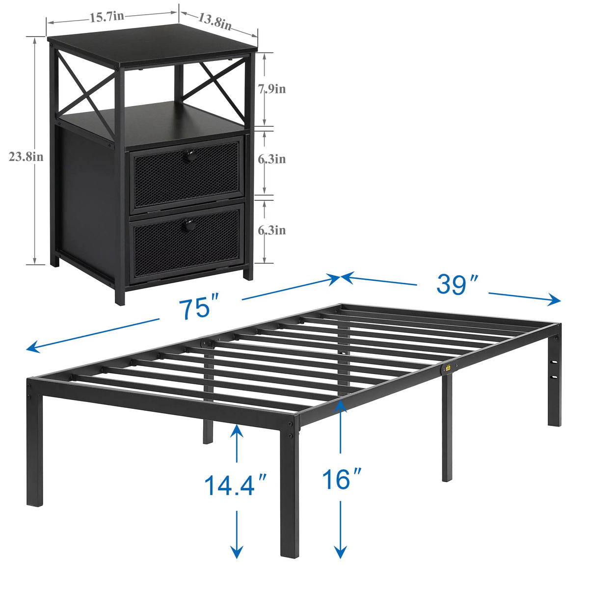 3-Piece Twin Bedroom Set with Metal Platform Bed Frame and 2 Black Nightstands E325490