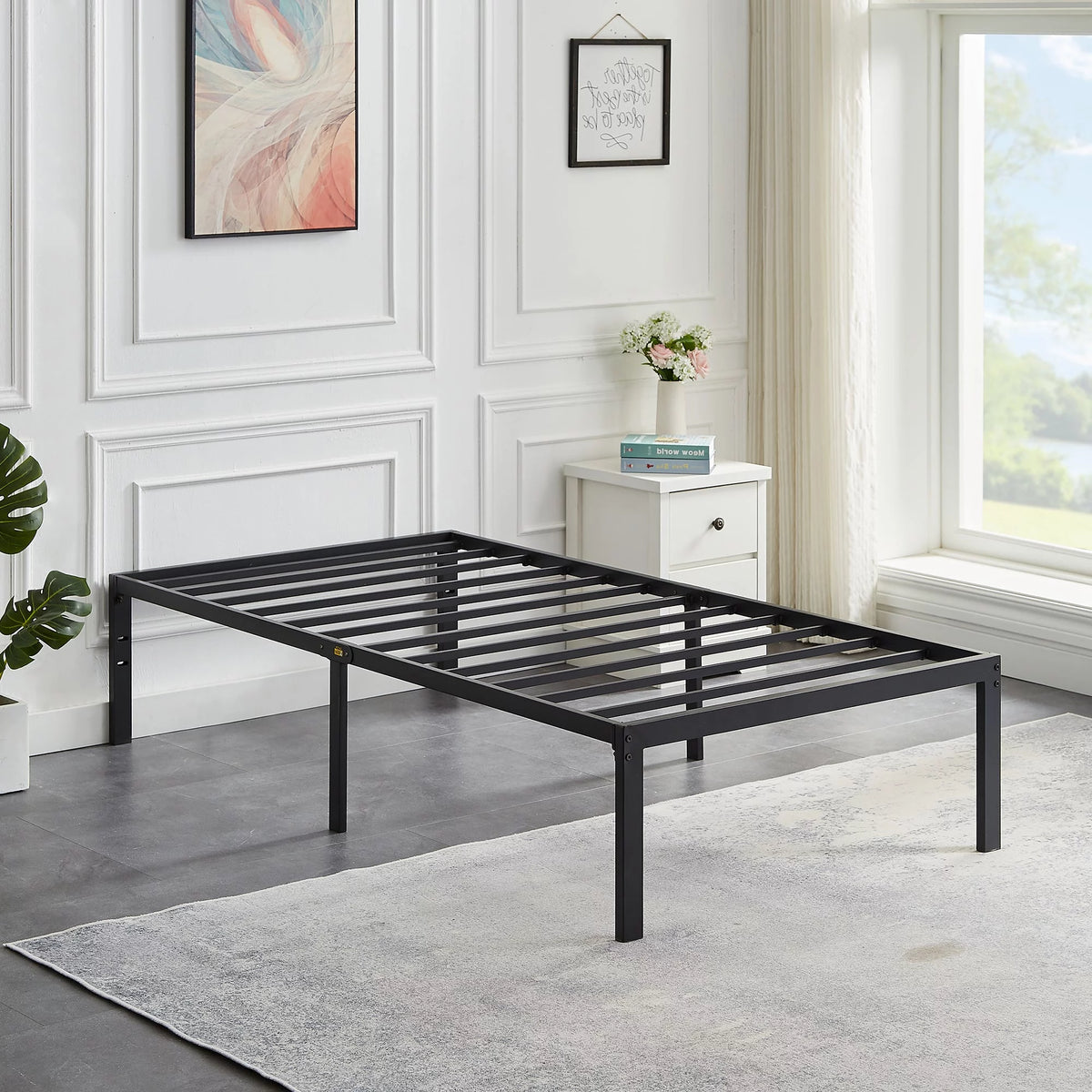 3-Piece Twin Bedroom Set with Metal Platform Bed Frame and 2 Black Nightstands E325490