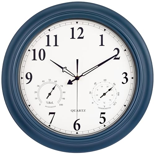 18 in Navy Blue Waterproof Outdoor Clock with Thermometer Hygrometer L56455