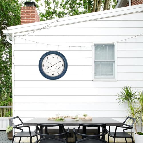 18 in Navy Blue Waterproof Outdoor Clock with Thermometer Hygrometer L56455