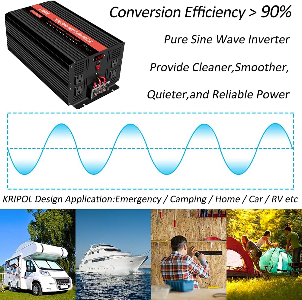 3000 Watt Pure Sine Wave Inverter 12V DC to 120V AC with 4 AC Outlets USB Output LED Display N804