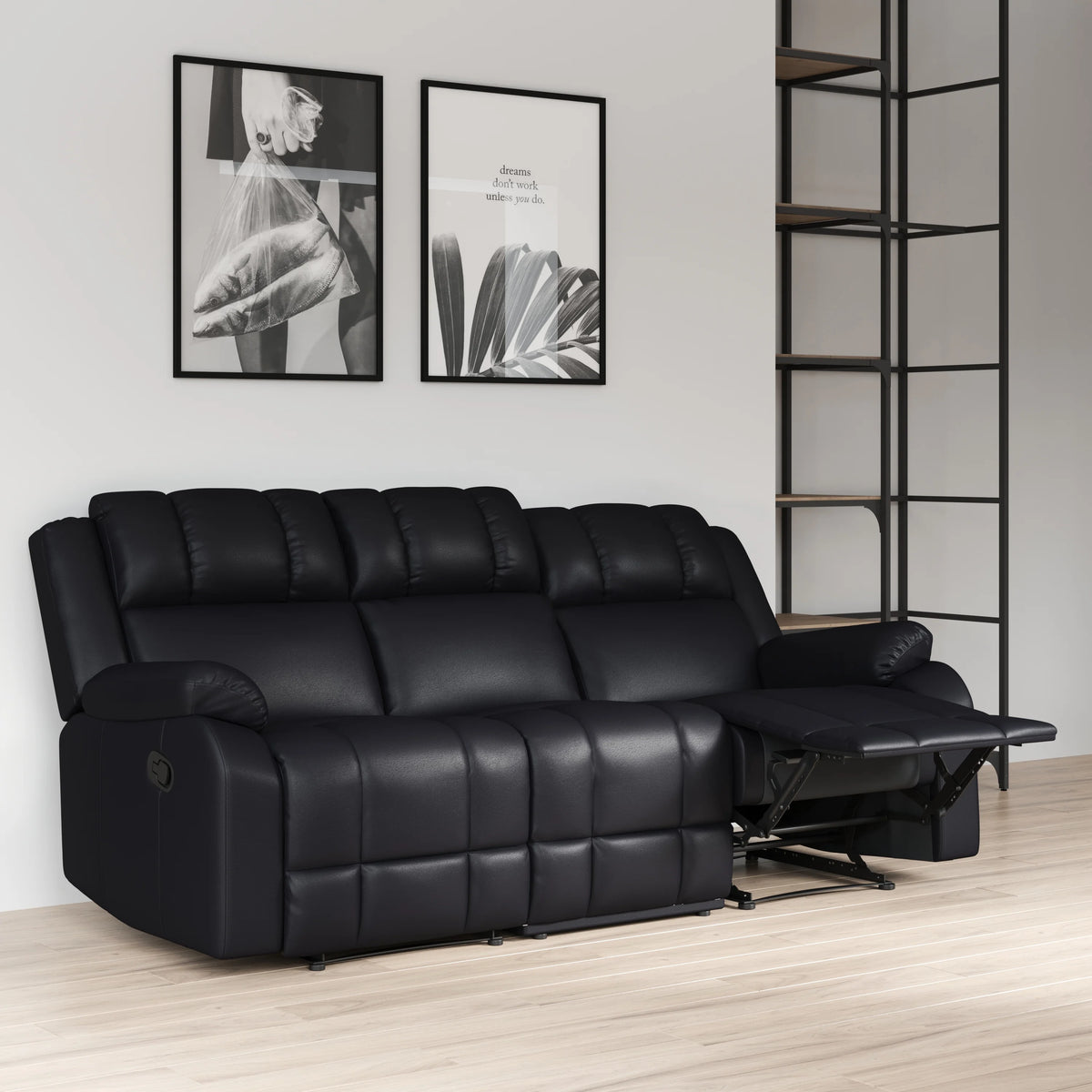 Caviar Black Faux Leather Reclining Sofa Q477
