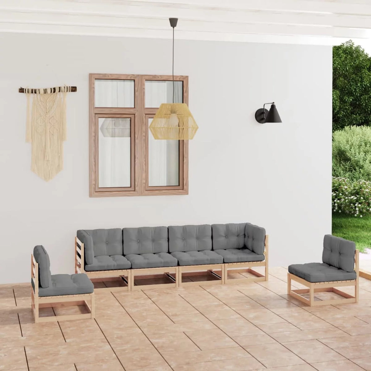 6 Piece Wooden Patio Lounge Set with Gray Cushion D345