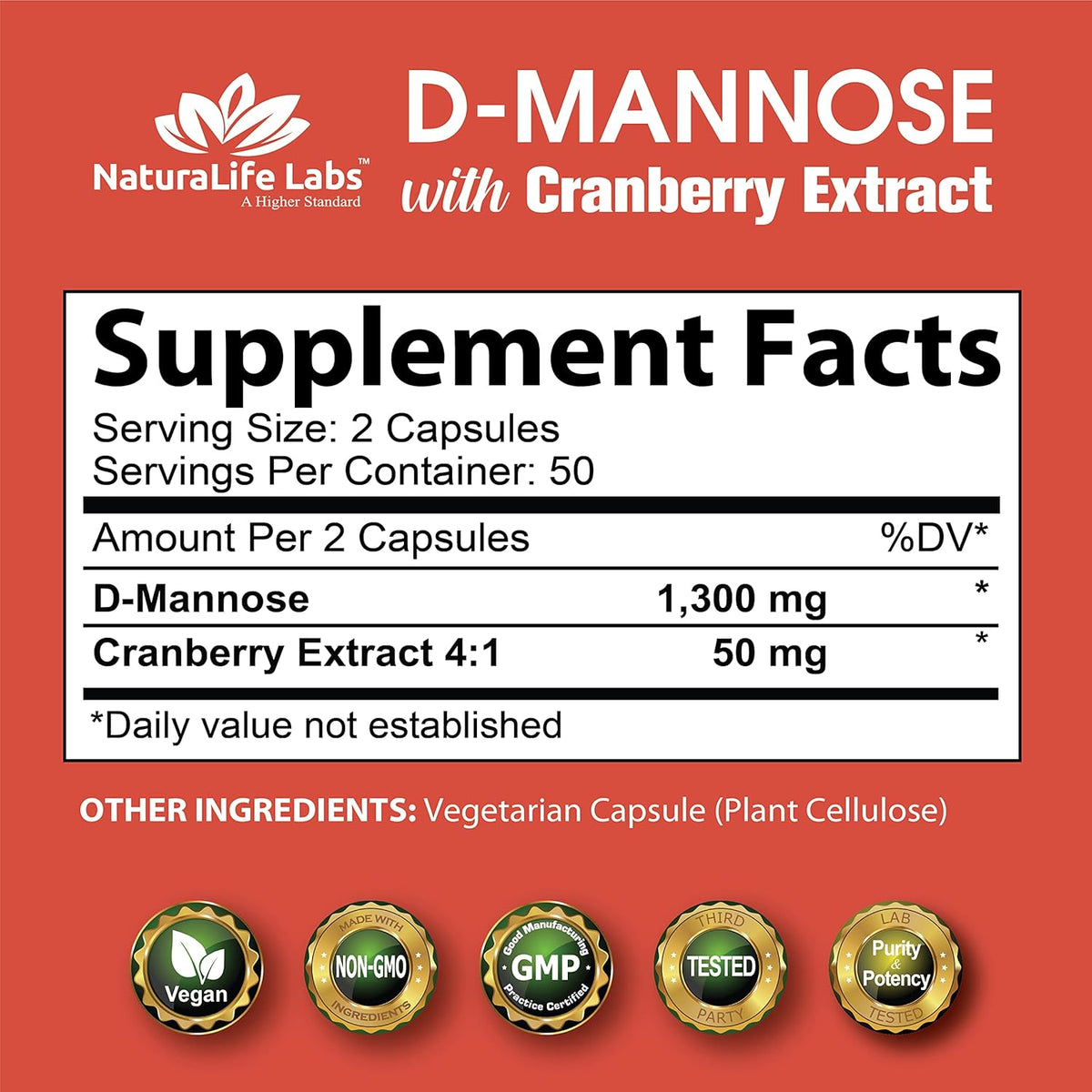 100 Veggie Capsules D-Mannose 1,300 mg with Cranberry Extract X6986