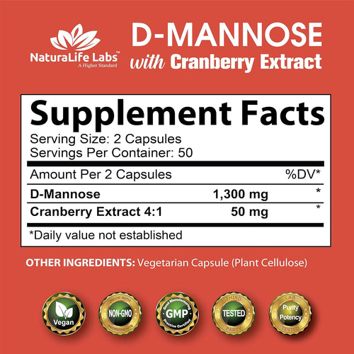 100 Veggie Capsules D-Mannose 1,300 mg with Cranberry Extract X6986