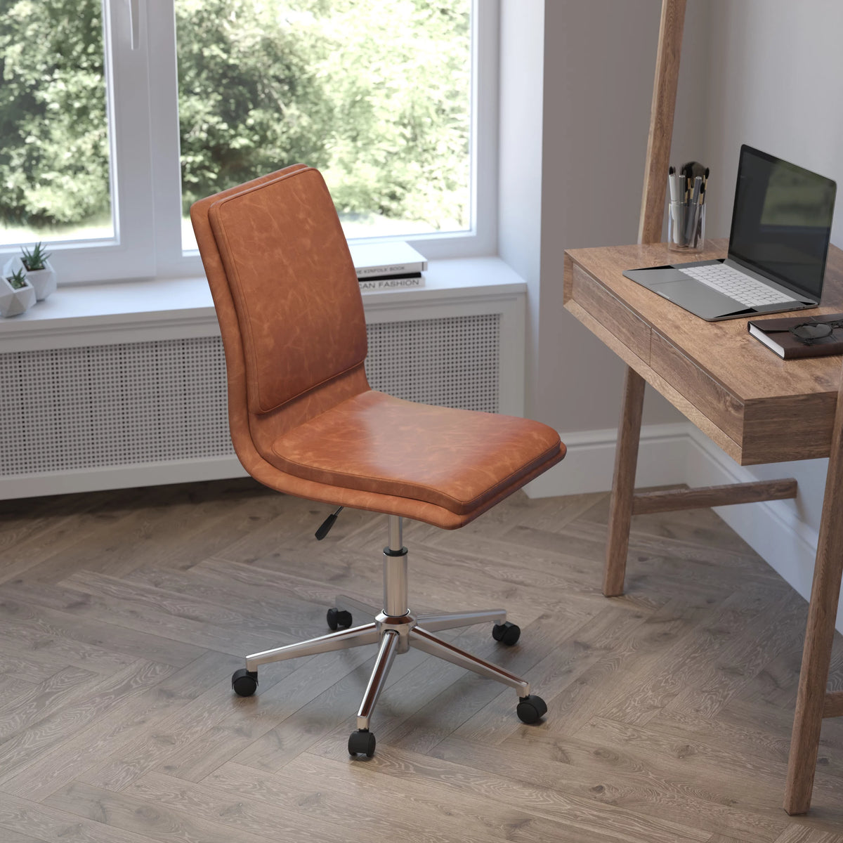 Brown Faux Leather Mid-Back Office Chair with Casters E1630