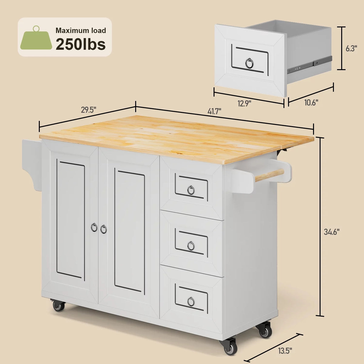 42" White Kitchen Island with Storage Q318