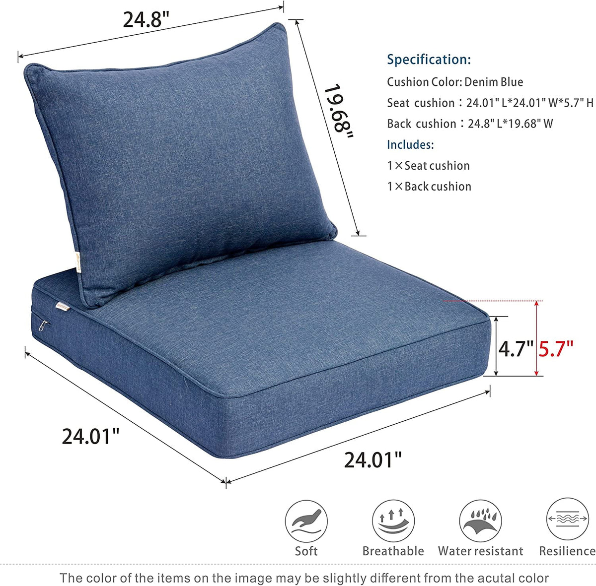 Back and Seat Cushion Set, 2-Piece Replacement Cushions for Deep Seating Patio Chair S419