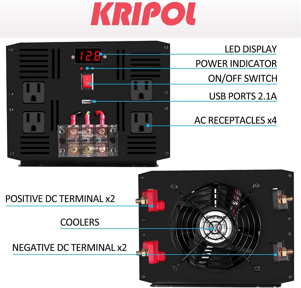 3000 Watt Pure Sine Wave Inverter 12V DC to 120V AC with 4 AC Outlets USB Output LED Display N804