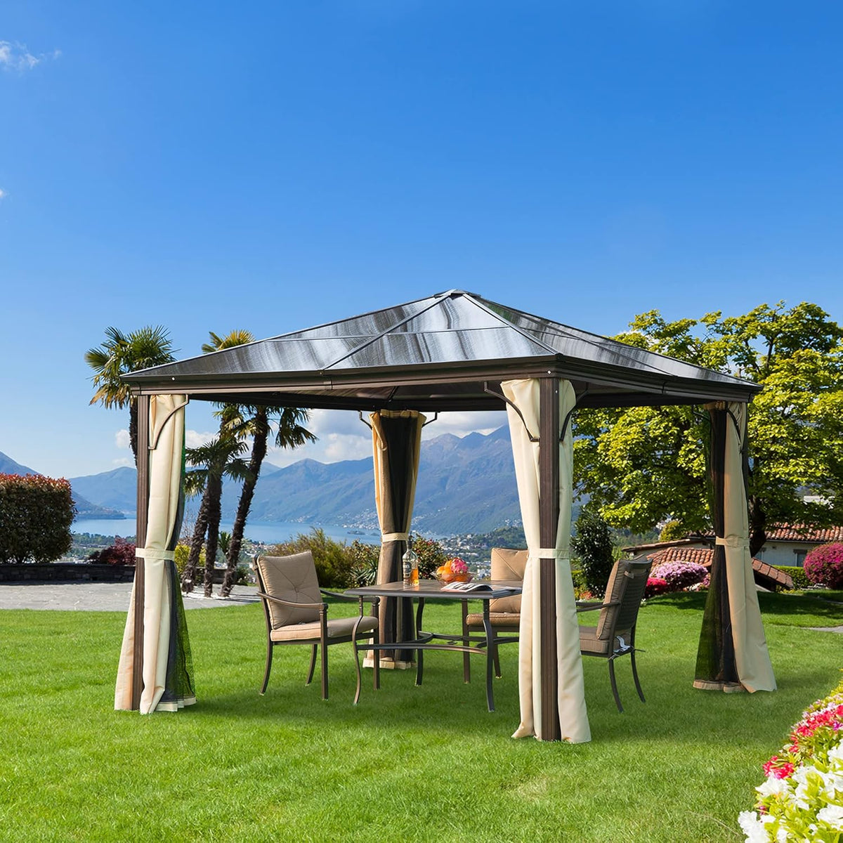 10x10 Polycarbonate Hardtop Gazebo with Curtains and Netting E71318