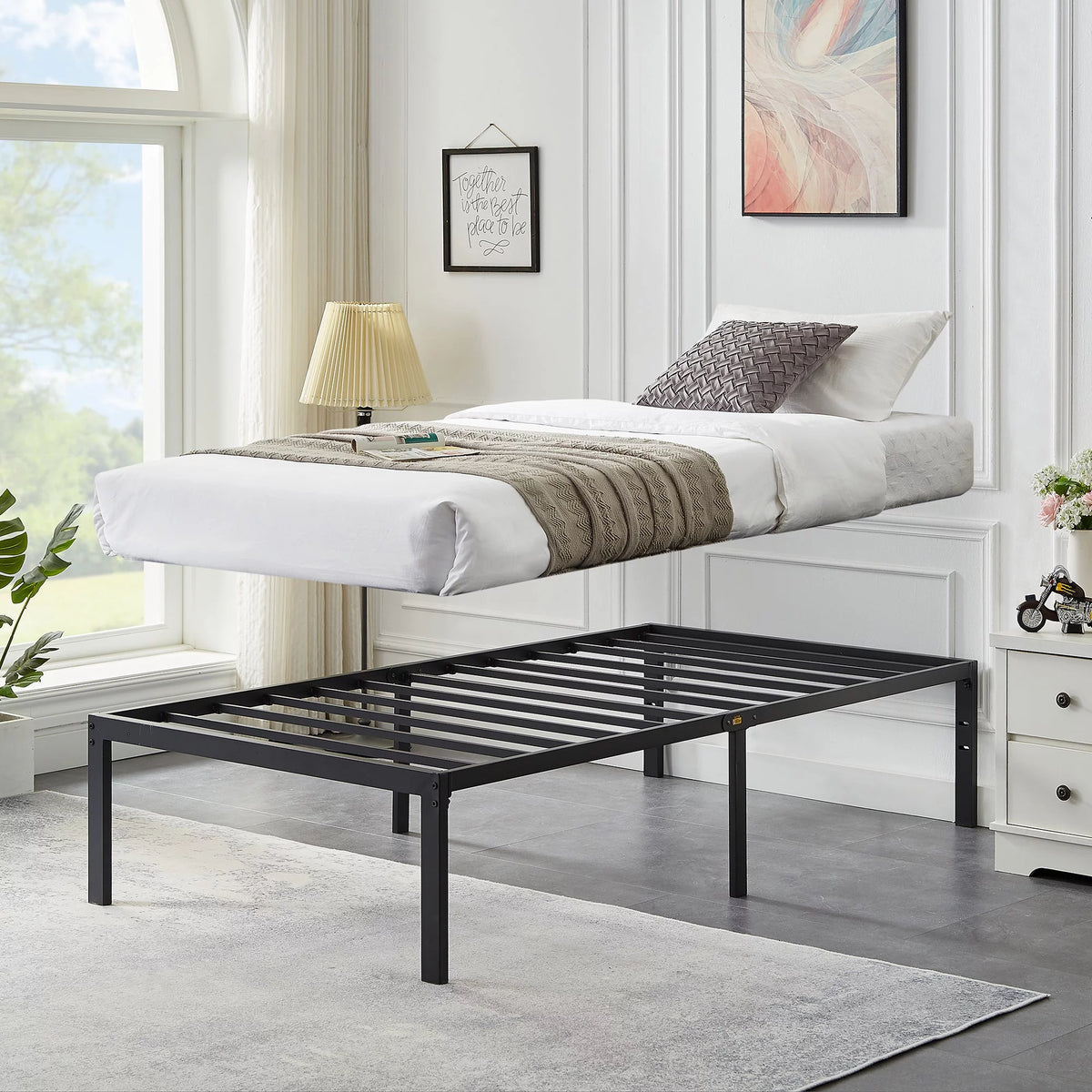 3-Piece Twin Bedroom Set with Metal Platform Bed Frame and 2 Black Nightstands E325490