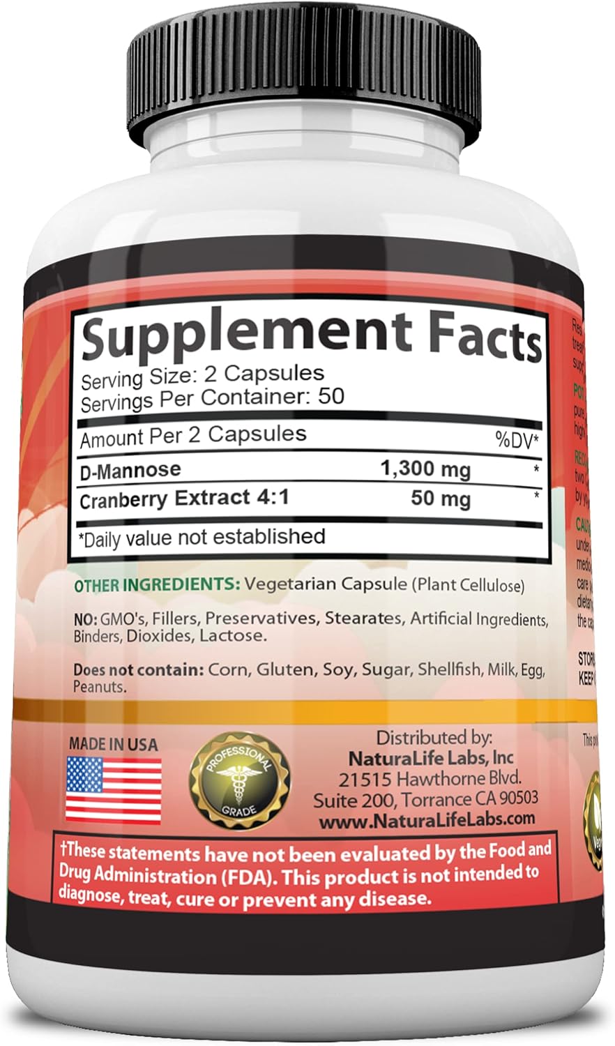 100 Veggie Capsules D-Mannose 1,300 mg with Cranberry Extract X6986