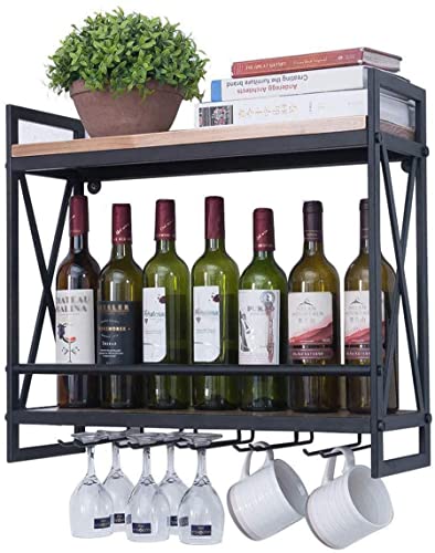 Black 2-Tiers Wood Floating Shelves with 4 Stem Glass A99113