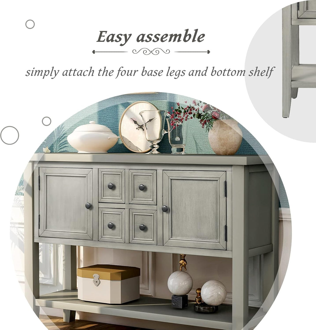 Antique Gray Solid Wood Console Table with 4 Drawers and Bottom Shelf R480