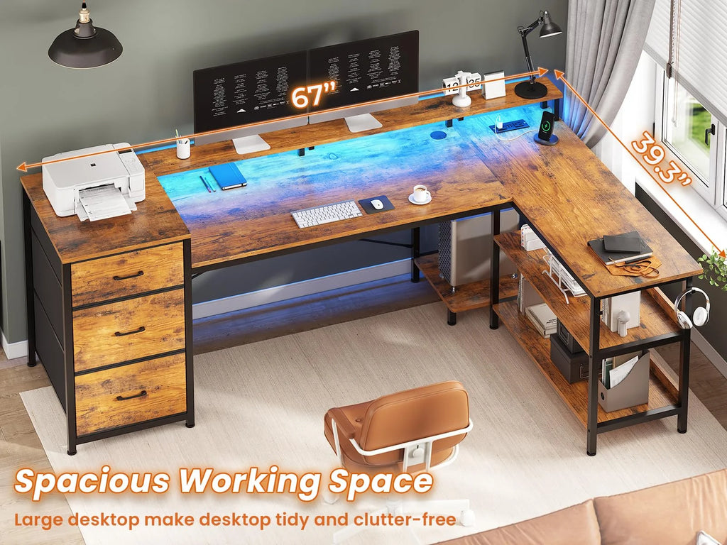 Rustic Brown L Shaped Desk with 2 File Drawer and Power Outlet X279