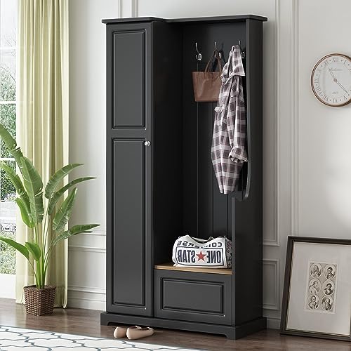 Black Hall Tree with Flip-Up Bench, Shoe Cabinet with Adjustable Shelves, Coat Rack with Hanging Hooks W672