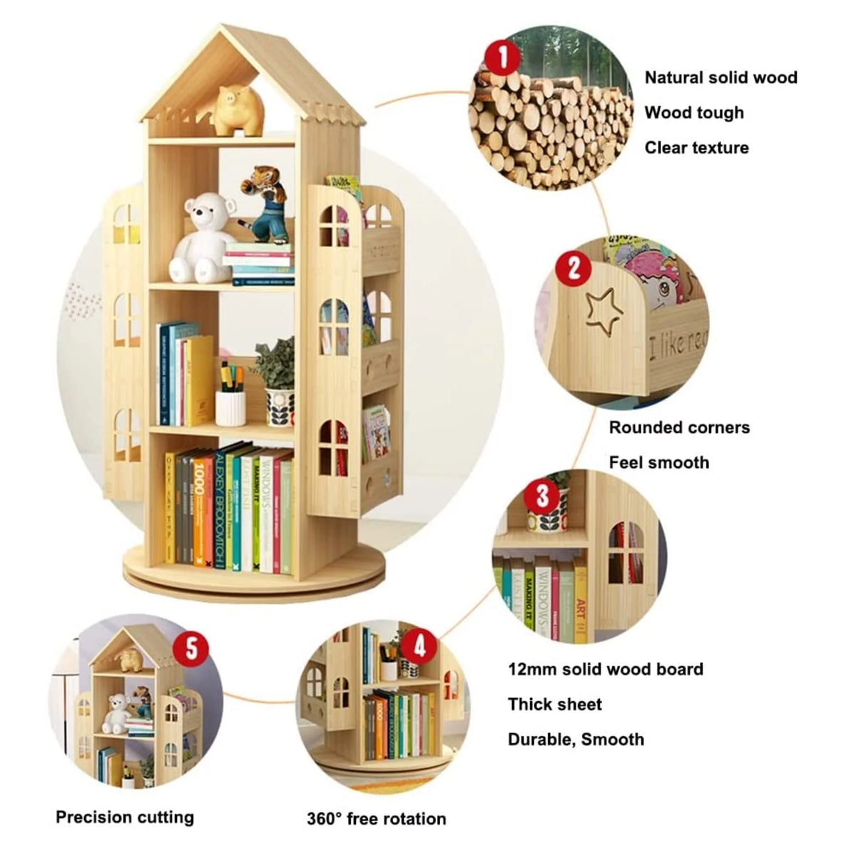 4-Tier Rotating Solid Wood Bookshelf N1423