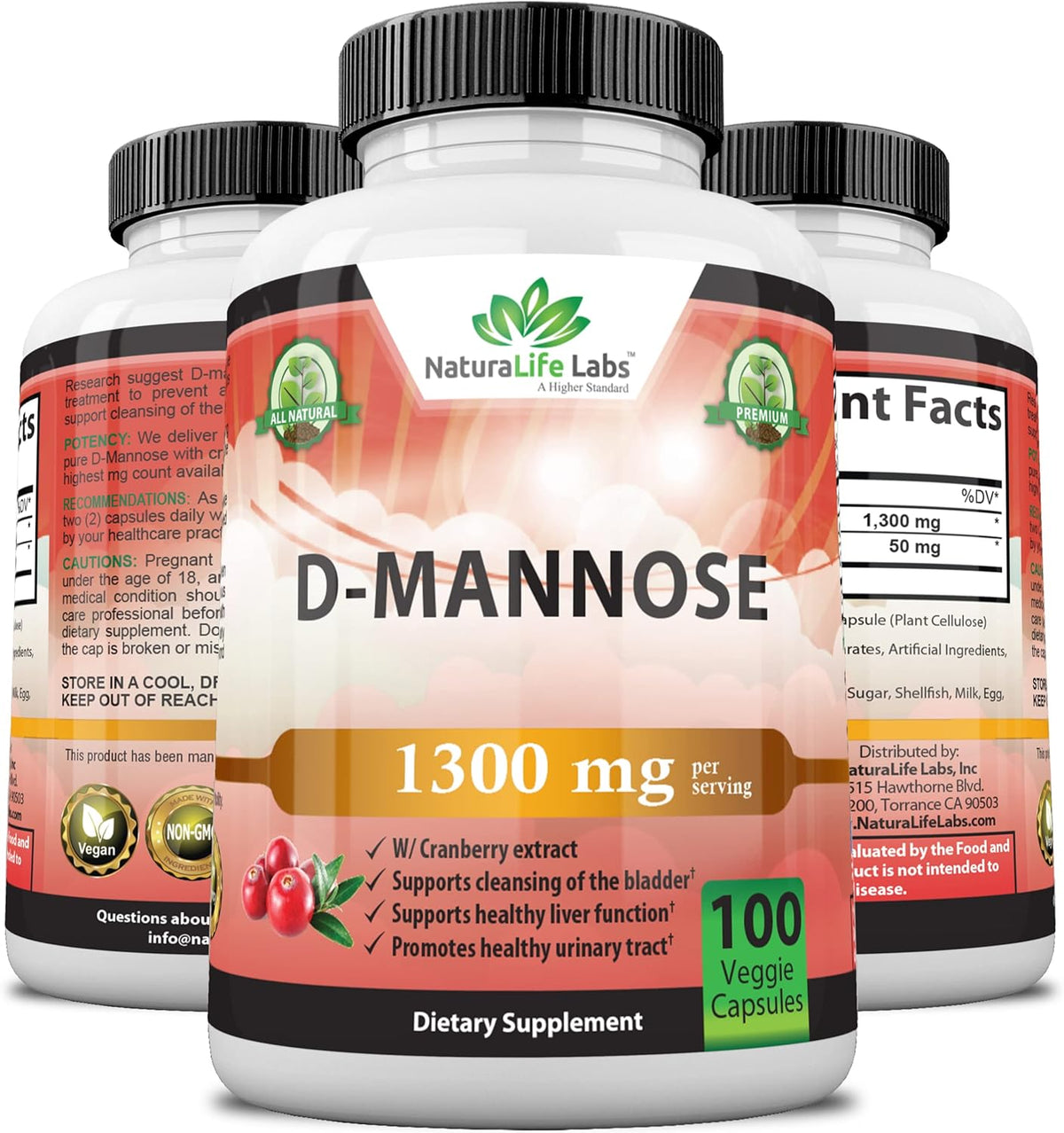 100 Veggie Capsules D-Mannose 1,300 mg with Cranberry Extract X6986