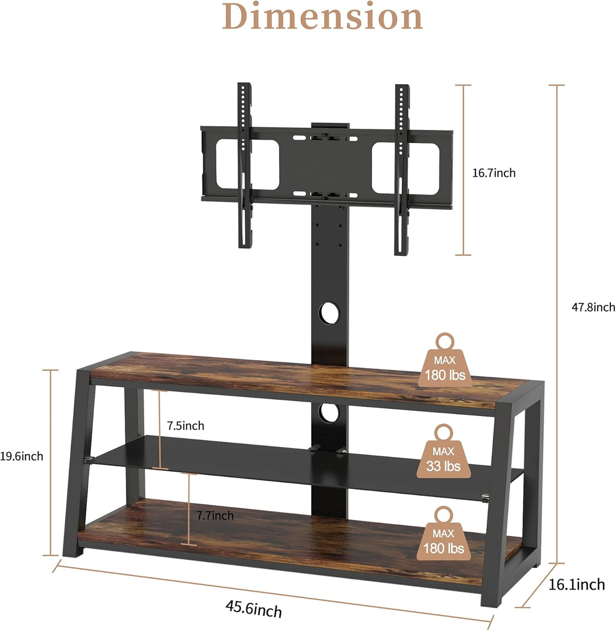 Angle and Height Adjustable Swivel TV Stand with Shelves I9809