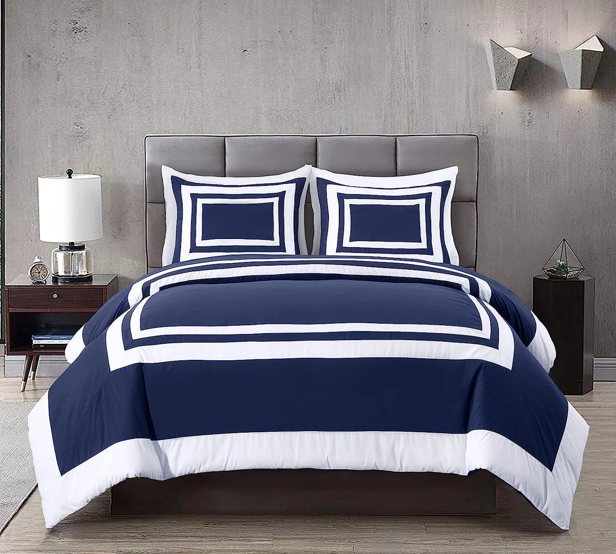 7-Piece King Bed in a Bag Comforter Set with Sheets Navy White Square Pattern Bedding Set F157067