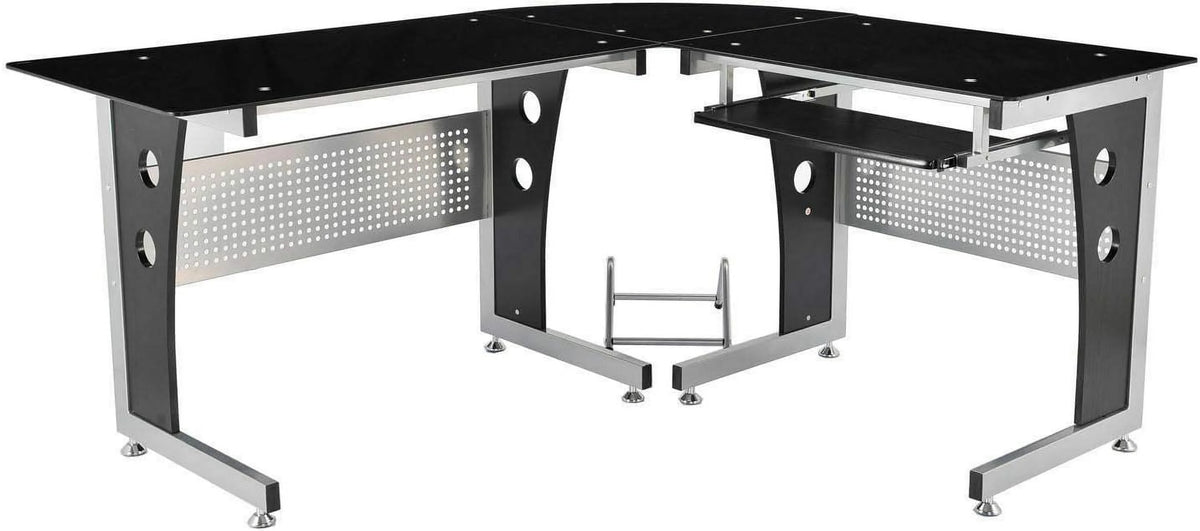 Black L-Shape Corner Tempered Glass Top Computer Desk with Keyboard Tray A656433