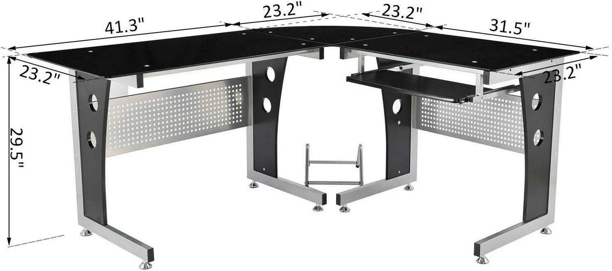 Black L-Shape Corner Tempered Glass Top Computer Desk with Keyboard Tray A656433