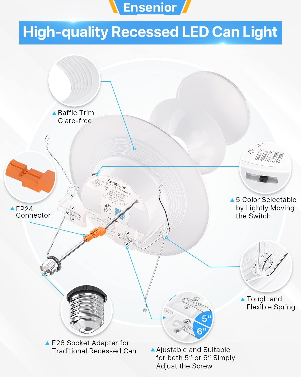 12 Pack 5/6 Inch LED Recessed Lighting, Dimmable Downlight P550150