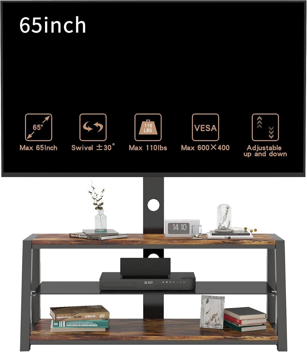 Angle and Height Adjustable Swivel TV Stand with Shelves I9809