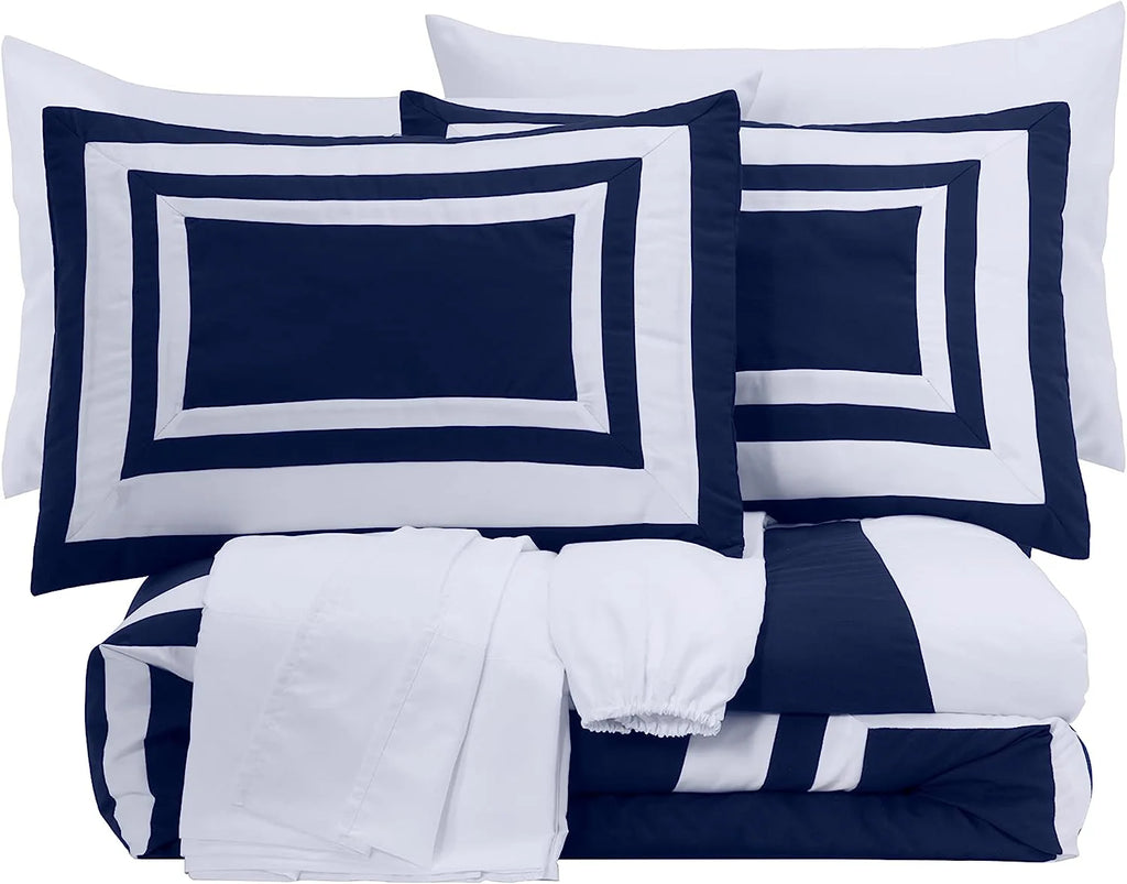 7-Piece King Bed in a Bag Comforter Set with Sheets Navy White Square Pattern Bedding Set F157067