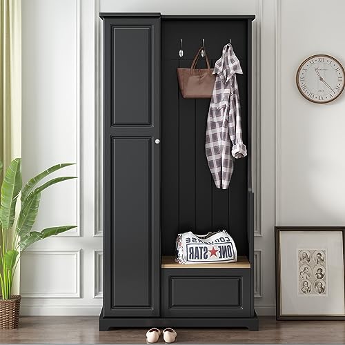 Black Hall Tree with Flip-Up Bench, Shoe Cabinet with Adjustable Shelves, Coat Rack with Hanging Hooks W672