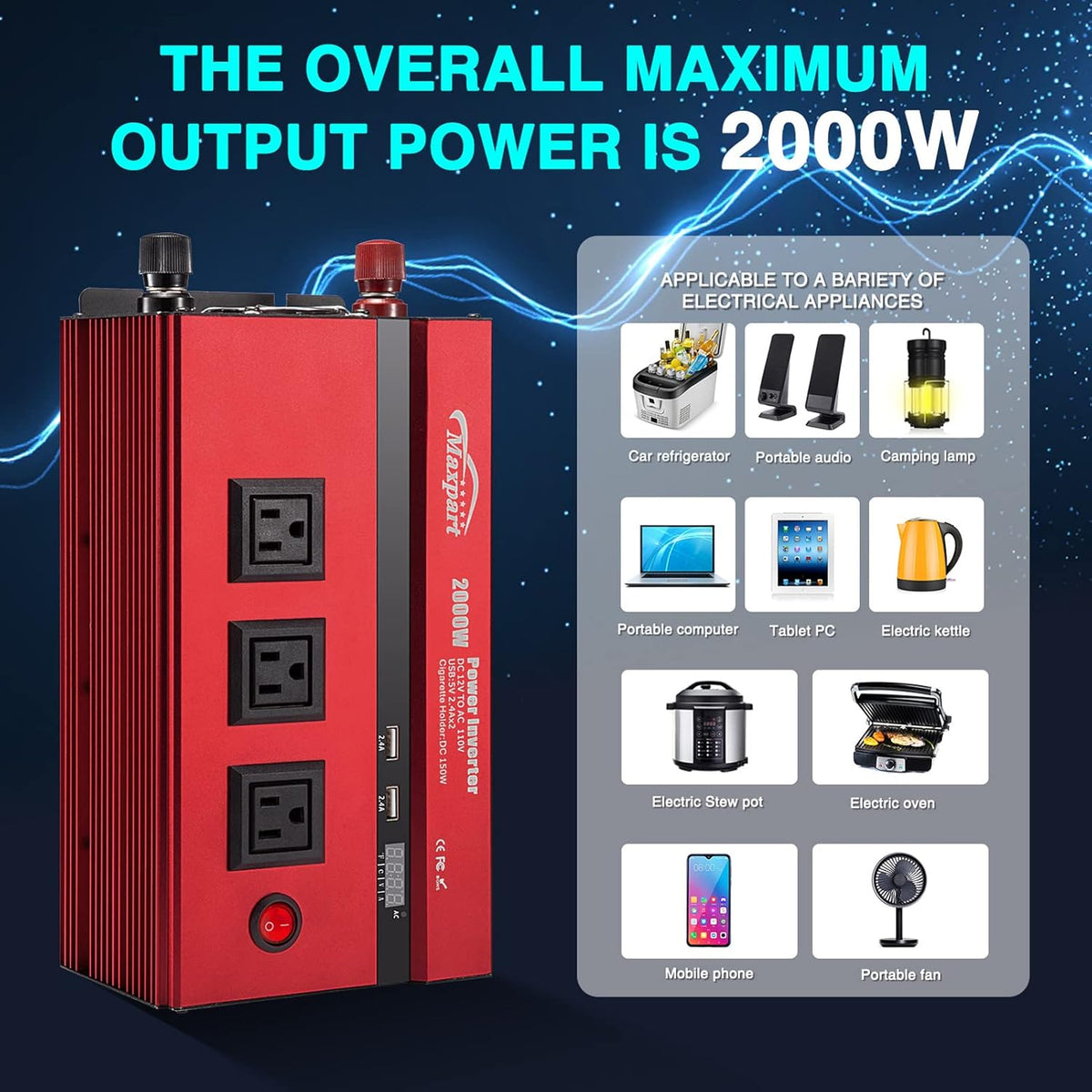 2000W Power Inverter 12v DC to 110v AC Converter with 3 AC Outlets W15092
