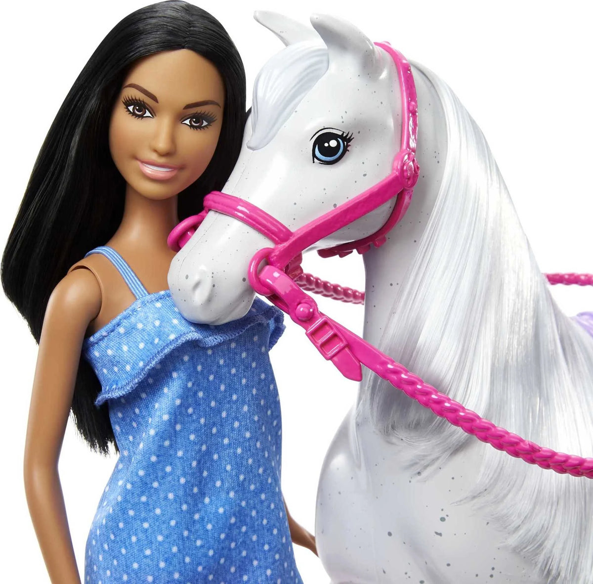 Barbie Doll & Horse Set with Brunette Doll, White Horse, Saddle, Bridle & Reins W213938