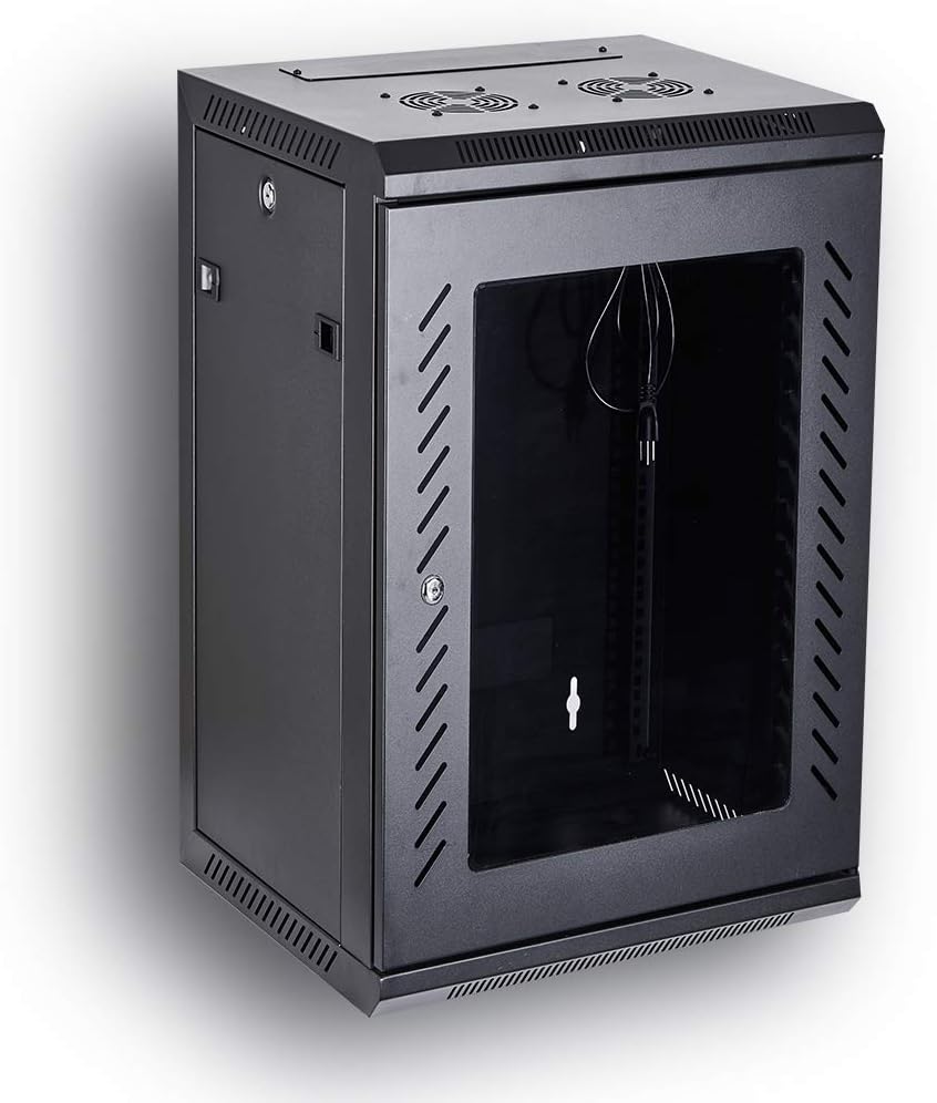 Black 18U Wall Mount Server Rack Cabinet with Locking Tempered Glass Door J623