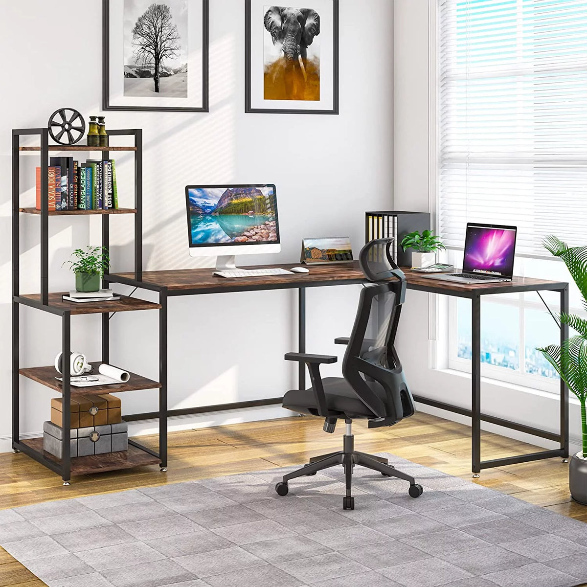 79 Inch Reversible L-Shaped Corner Desk with Shelves L40659