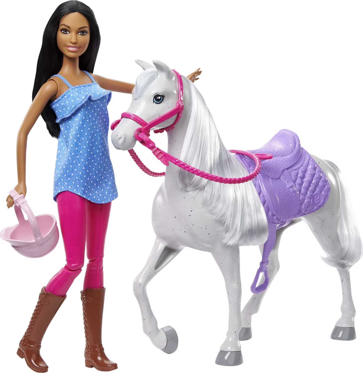 Barbie Doll & Horse Set with Brunette Doll, White Horse, Saddle, Bridle & Reins W213938