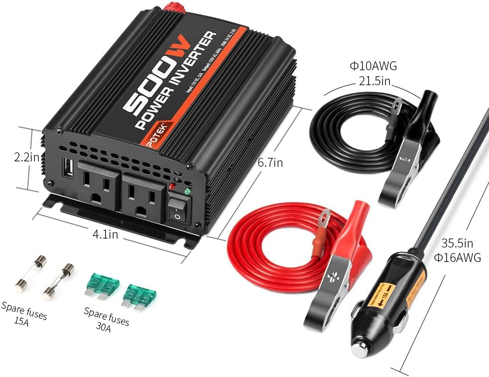 500W Power Inverter DC 12V to AC 110V Dual AC Charging Port and 2A USB Ports Pack of 2 X5447