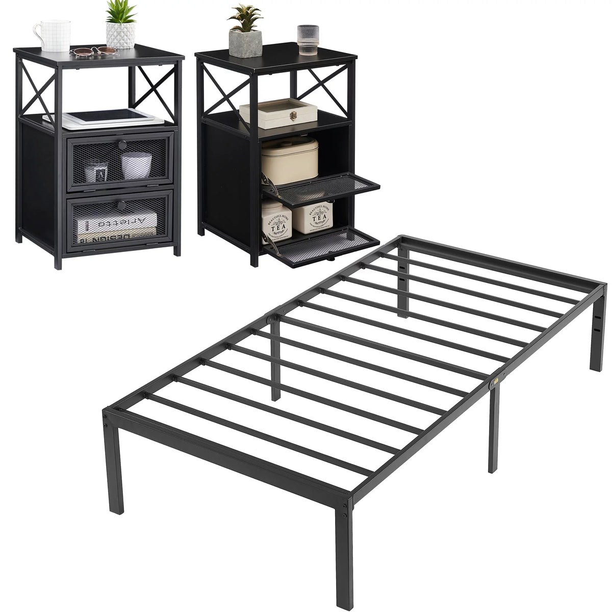 3-Piece Twin Bedroom Set with Metal Platform Bed Frame and 2 Black Nightstands E325490