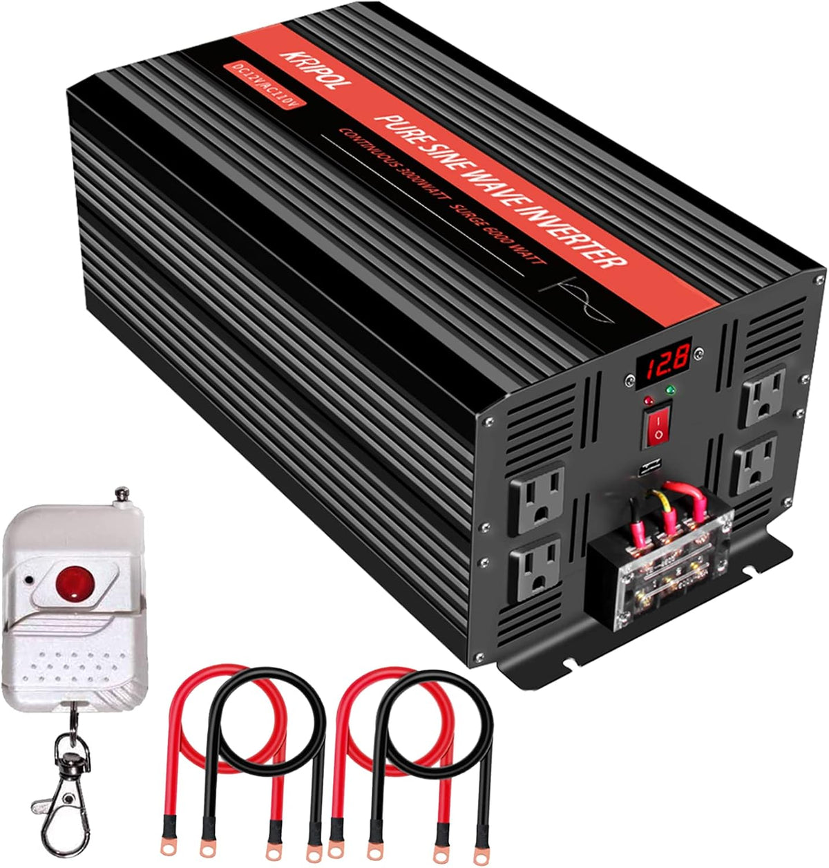 3000 Watt Pure Sine Wave Inverter 12V DC to 120V AC with 4 AC Outlets USB Output LED Display N804