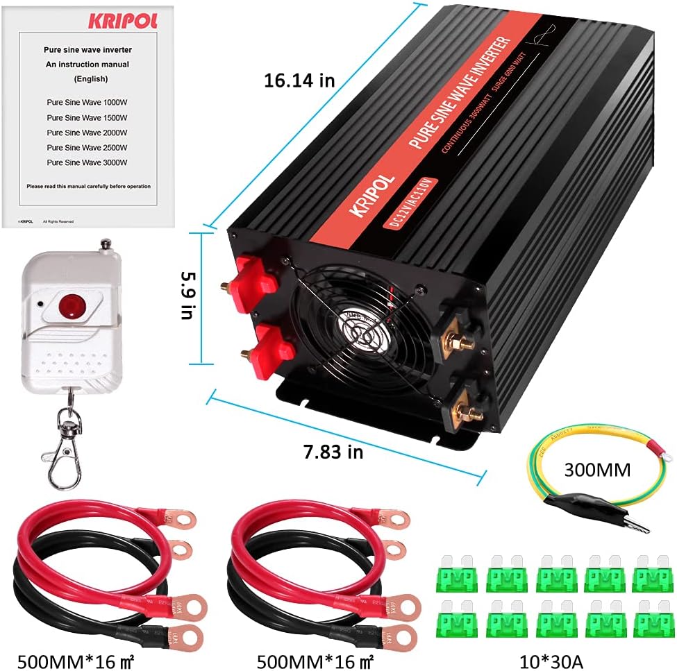 3000 Watt Pure Sine Wave Inverter 12V DC to 120V AC with 4 AC Outlets USB Output LED Display N804