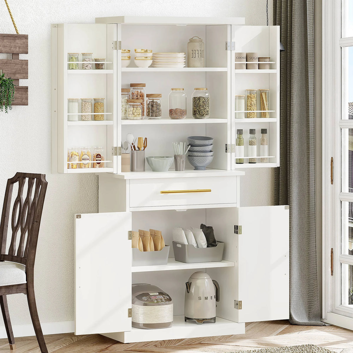 White 4 Door Freestanding Kitchen Pantry Storage Cabinet with Drawer and Adjustable Shelf M39629