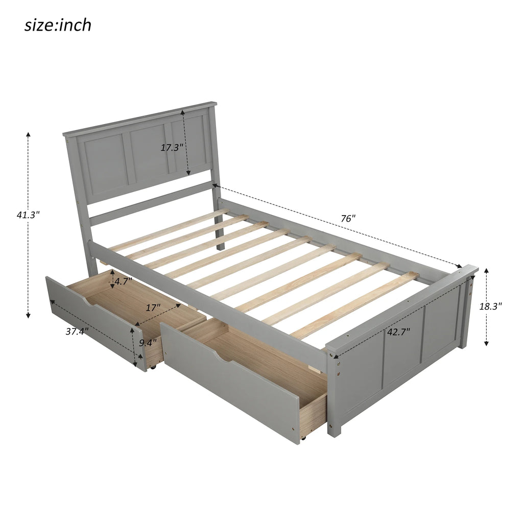 Twin Size Wood Platform Bed with Storage and Headboard Z345