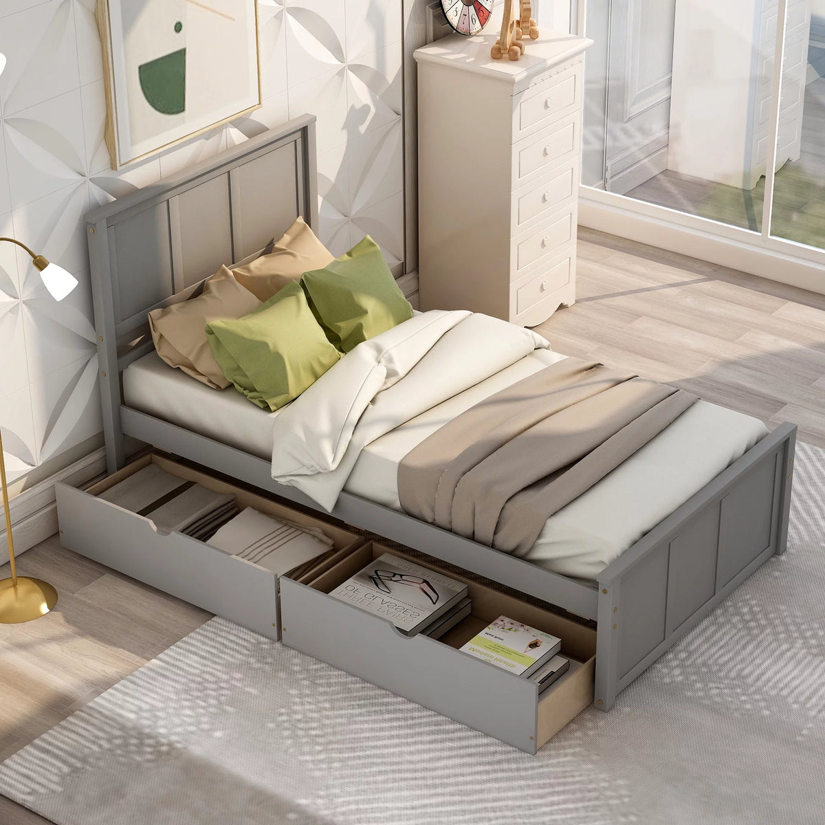 Twin Size Wood Platform Bed with Storage and Headboard Z345