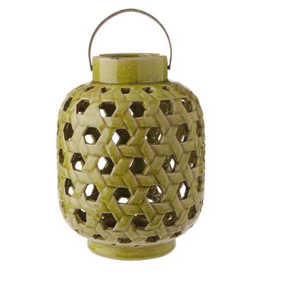 12.5x22 Green Glazed Terracotta Crackled Decorative Pillar Candle Lantern L687340