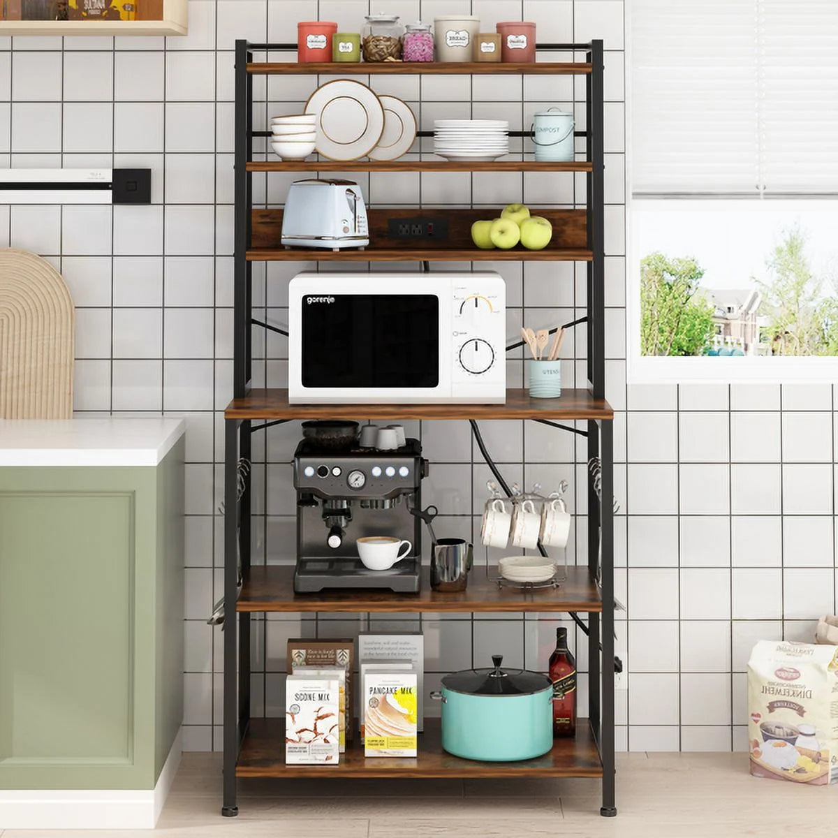 Rustic Brown 6-Tier Bakers Rack with Power Outlets Z333693