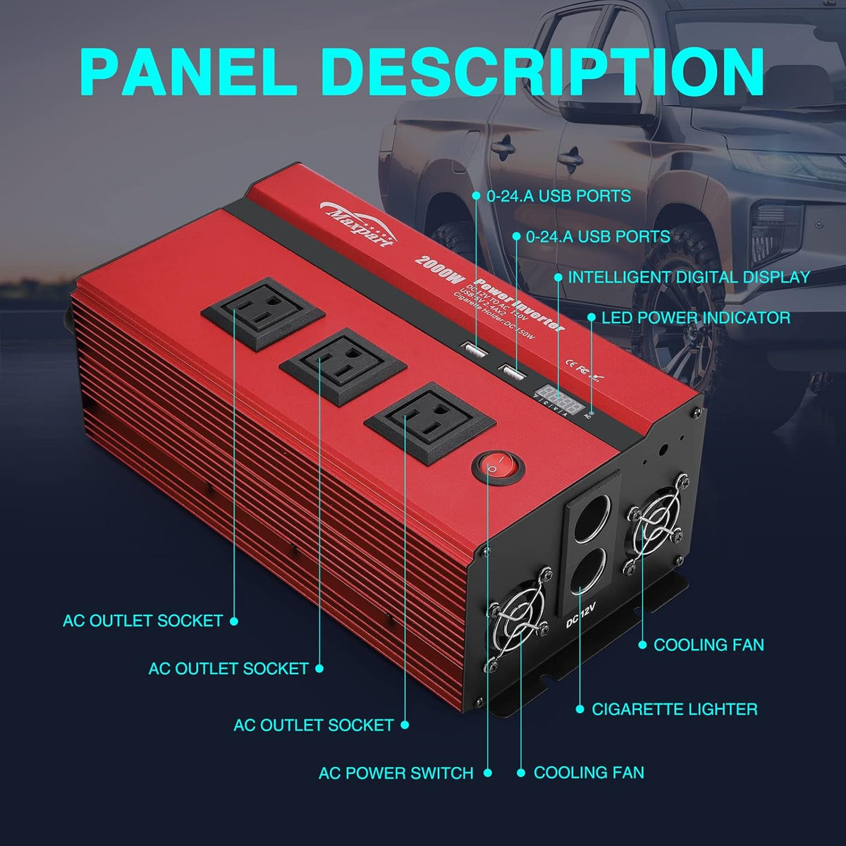 2000W Power Inverter 12v DC to 110v AC Converter with 3 AC Outlets W15092