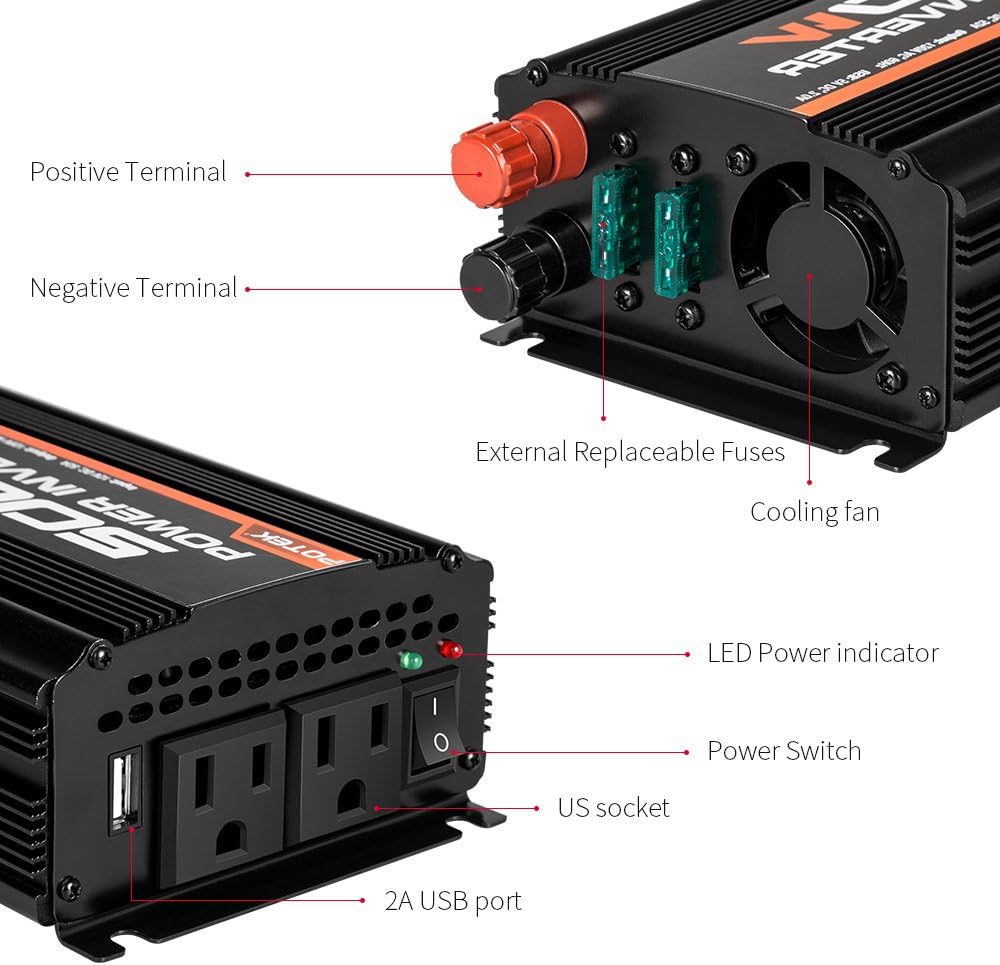 500W Power Inverter DC 12V to AC 110V Dual AC Charging Port and 2A USB Ports Pack of 2 X5447