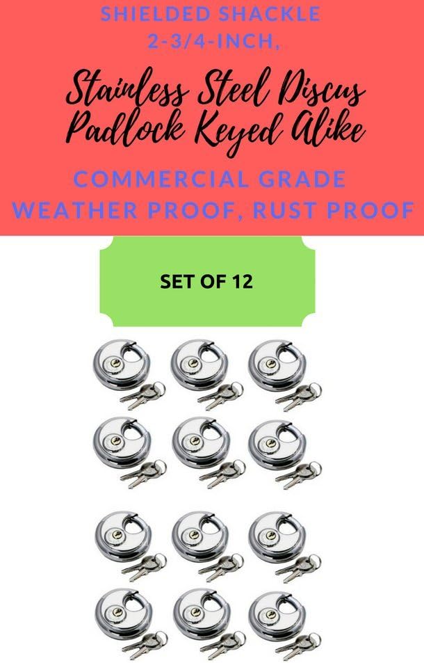 12 Pc Keyed Alike Stainless Steel Disc Padlocks with Hardened Steel Shackle Y976422