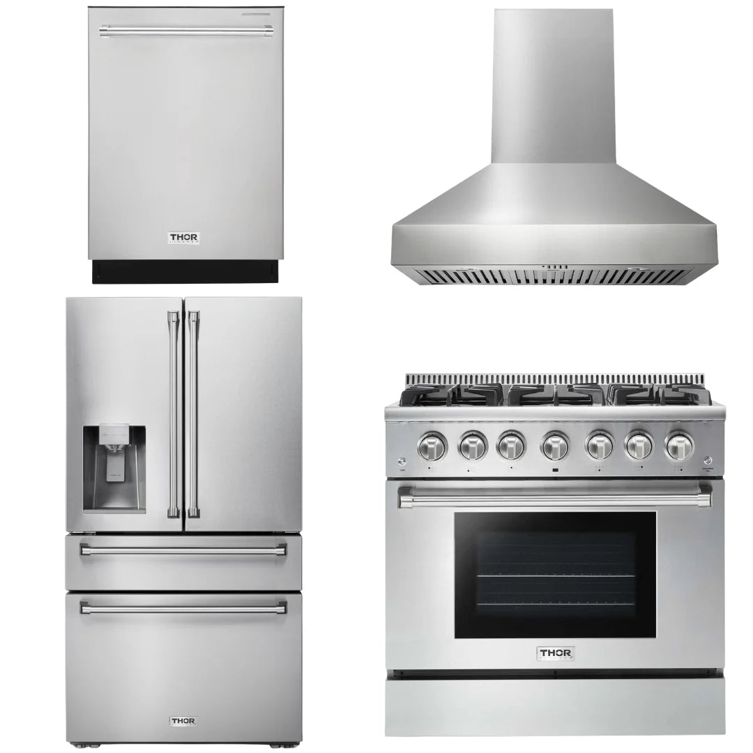 36 Gas Range, Range Hood, Refrigerator with Water and Ice Dispenser, Dishwasher A513