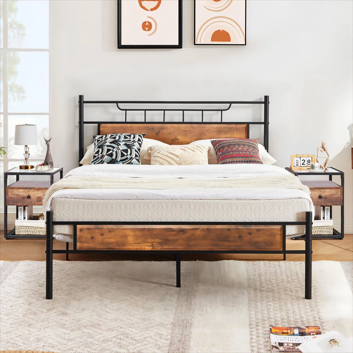 3-Piece Full Bedroom Set Metal Platform Bed Frame and 2 Glass Top Nightstands S7767