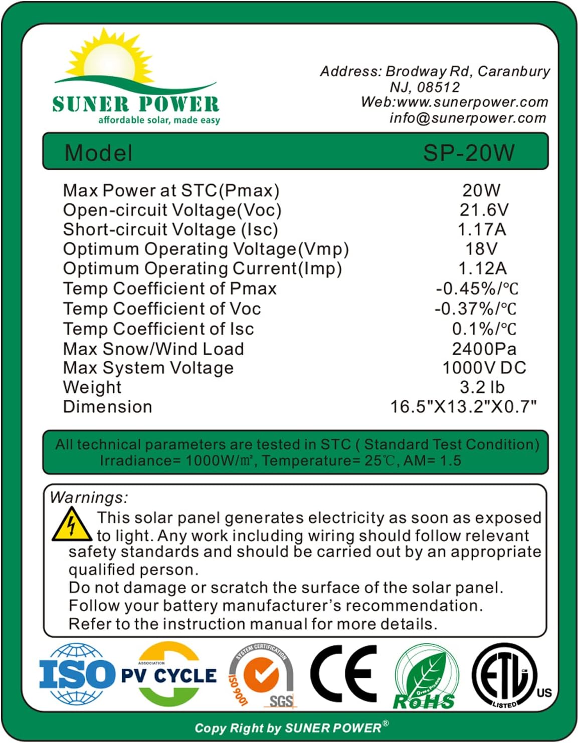 20 Watts Poly Crystalline 12V Solar Panel Kit with 10A Charge Controller and 3-PCS SAE Cable Adapters A297